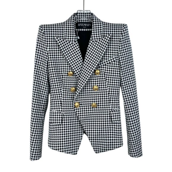 Balmain Womens Houndstooth Double-Breasted Blazer With Gold Buttons - Picture 1 of 7